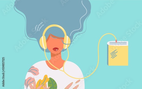 Young woman in headphones listens to audiobook lessons. Modern flat character. Concept of musical pastime, listening to audio, learning in headphones. Vector isolated with a girl in bright clothes.