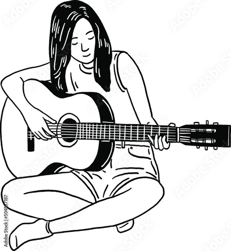 Woman play Acoustic guitar Teenager Hobby lifestyle Hand drawn line art illustration