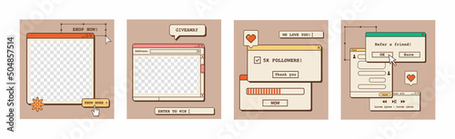 Nostalgic design of social media posts. Retro 80s 90s aesthetic backdrops, groovy backgrounds with old computer user interface. Set of square poster templates in vaporwave style. Vector illustration.