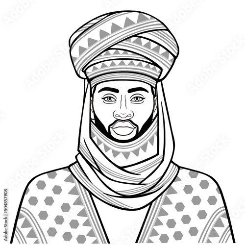 Animation portrait of beautiful African man in a turban. Monochrome linear drawing. Vector illustration isolated on a white background.  photo