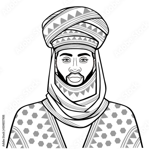 Animation portrait of beautiful African man in a turban. Monochrome linear drawing. Vector illustration isolated on a white background. 