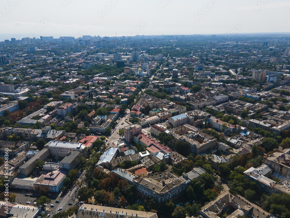 Fototapeta premium Panoramic view of Odessa city center, Ukraine. City landscape, top view. Black Sea. warm summer day