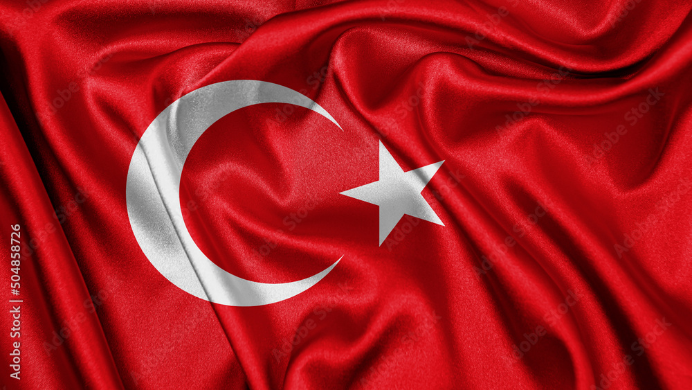 Close up realistic texture fabric textile silk satin flag of Turkey waving fluttering background. National symbol of the country. 29th of October, Happy Day concept
