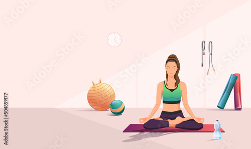 Fitness yoga girl sit sport mat closed eyes meditate, meditating gym. Slim, fit female, meditation. Athletic brunette young woman lotus pose, relaxing. Training, practice, asana. Vector illustration