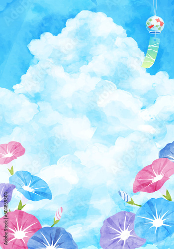 朝顔と入道雲と風鈴の夏のベクターイラスト水彩背景(art,holiday,card,postcard)