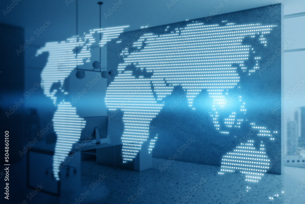 Glowing digital map hologram on blurry office interior wallpaper. Worldwide technology and network concept. Double exposure. Glowing digital map hologram on blurry office interior wallpaper. Worldwide technology and network concept. Double exposure.
