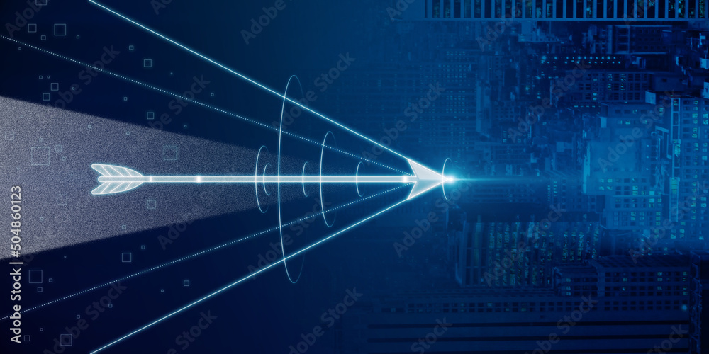 Abstract digital arrow on blue night city background with mock up place for your advertisement. Target and goals achievement concept. Double exposure. Abstract digital arrow on blue night city background with mock up place for your advertisement. Target and goals achievement concept. Double exposure.