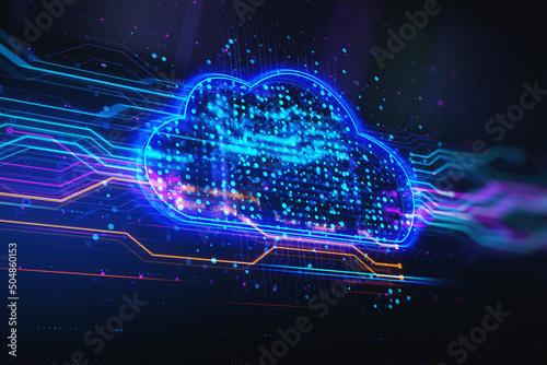 Data storage and cloud computing technology concept with digital blue cloud symbol on abstract dark background. 3D rendering