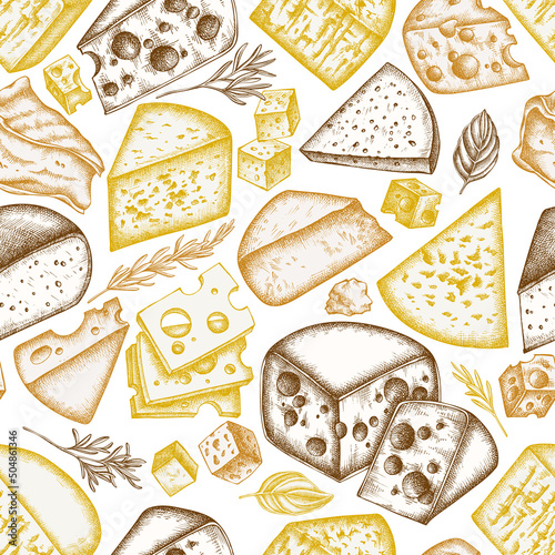 Cheese seamless pattern background design. Engraved style. Hand drawn brie, gouda cheese, roquefort, etc.