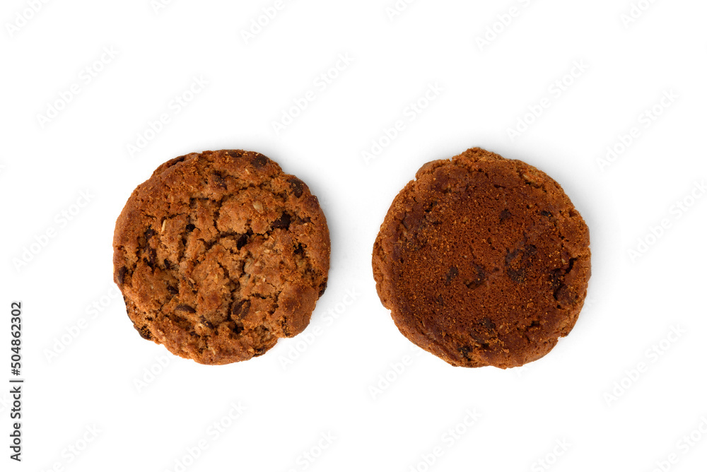 Chocolate chip cookies isolated on white background. American biscuit sweet dessert. Chocolate chip cookies isolated on white background. American biscuit sweet dessert.
