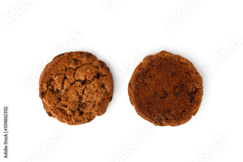 Chocolate chip cookies isolated on white background. American biscuit sweet dessert.