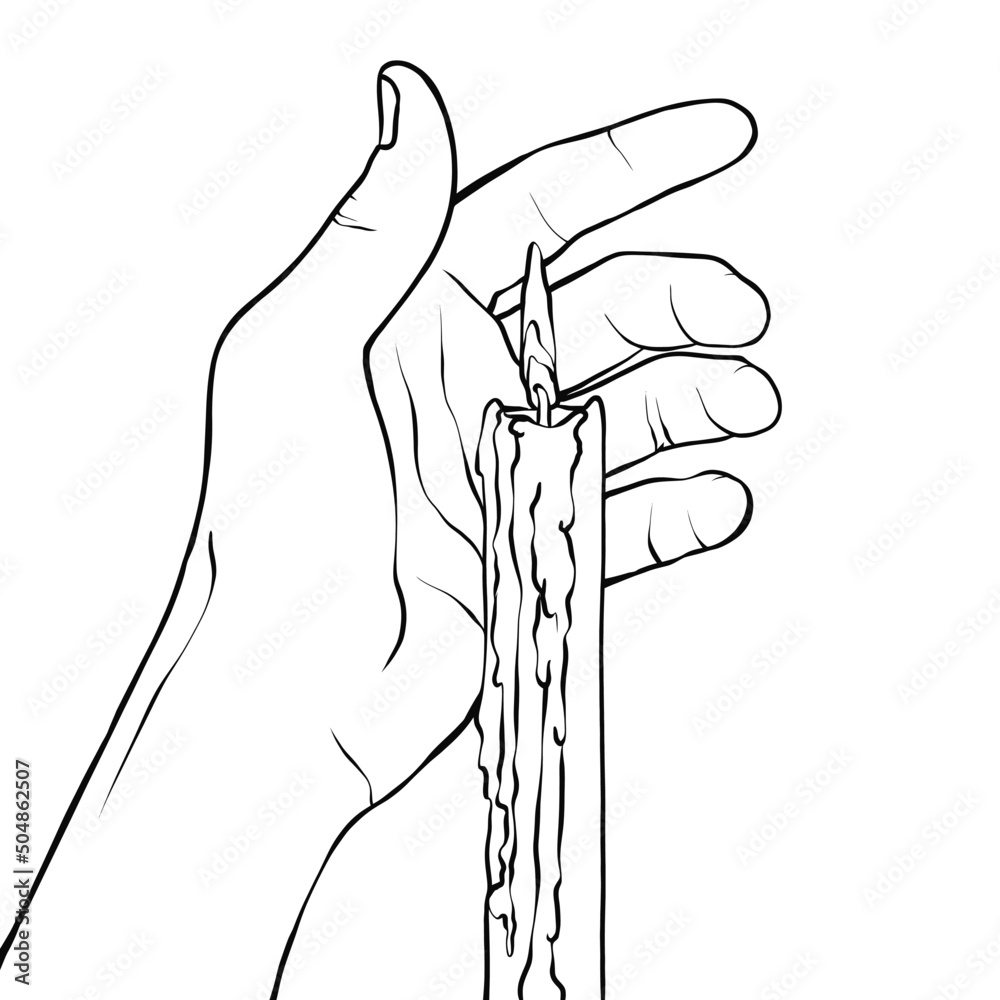 Drawing of a hand holding a candle vector illustration. lineart Stock