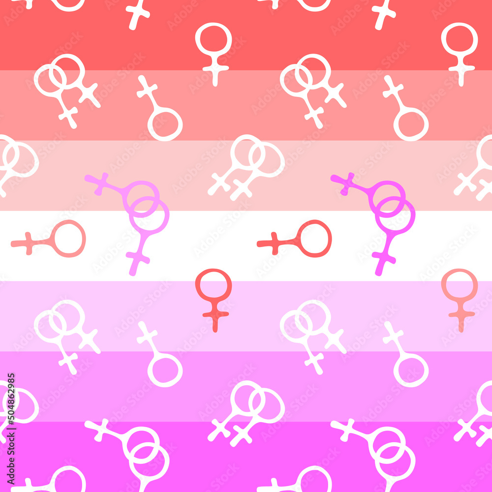 Vector seamless pattern of symbols of venus, female gender icons on Lesbian Pride Flag background. Woman love combinations. Texture of theme of girl power, LGBTQ, gay love, homosexual