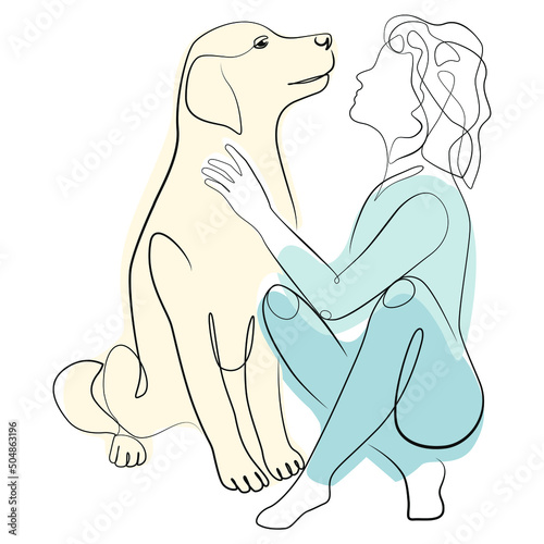 Woman with dog one line drawing on white isolated background