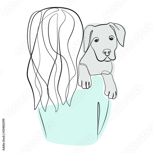 Woman with dog one line drawing on white isolated background