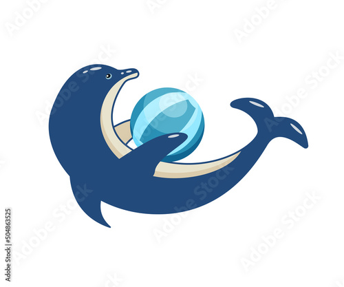 Cartoon cute dolphin with a ball in the dolphinarium. Vector illustration of a trained sea animal in a zoo