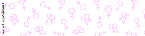 Vector seamless pattern of symbols of venus, female gender icons in doodle style. Woman love combinations. Texture of theme of girl power, LGBTQ, lesbian love, gay, pride, homosexual