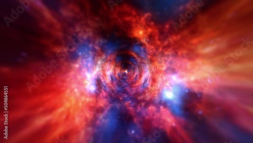 Abstract Interstellar flight, time travel jump in blue orange purple star hyper space burst warp.4K 3D Seamless Loop Hyper Tunnel or Wormhole Science Digital Background. Singularity, gravitational  photo