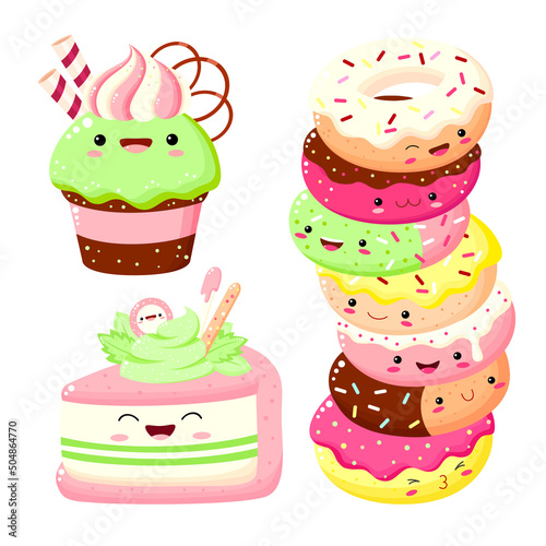 Set of cute cake, muffin, cupcake, donuts, cheesecake in kawaii style. Funny baked goods with smiling face and pink cheeks for sweet design. Vector illustration EPS 8