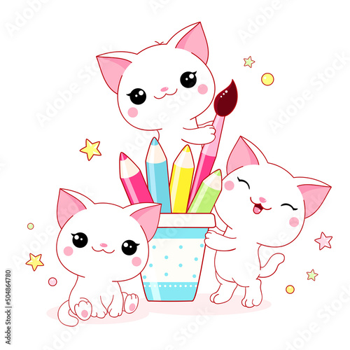 Back to school. Three cute little white cats with pencil and paintbrush. Friends kittens playing with pencils. Vector illustration EPS8