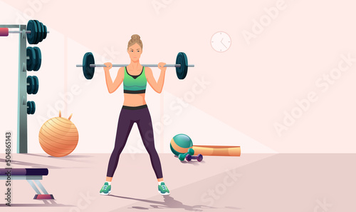Fitness girl squat barbell shoulders gym. Slim, fit female weightlifter training. Sports activity, exercise equipment. Athletic young woman lifting, raise weight, strength workout. Vector illustration