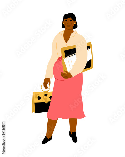Pregnant afro american woman holding a briefcase and documents in her hands.  Expectant mother combining work and motherhood. Vector flat illustration