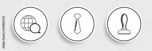 Set line Stamp, World map made from speech bubble and Tie icon. Vector