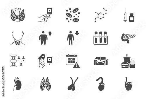 Endocrinology flat icons. Vector illustration include icon - thyroid gland, insulin, syringe, adrenal, glucometer, hypodynamia glyph silhouette pictogram for diabetes. Black color signs