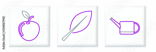 Set line Watering can, Apple and Leaf icon. Vector