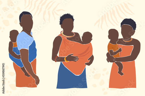 The set is a portrait of a young African woman with a child behind her back, in her arms in national clothes. Mother and baby. Vector graphics.
