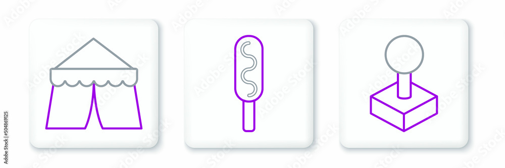 Set line Joystick for arcade machine, Circus tent and Corn dog icon. Vector Set line Joystick for arcade machine, Circus tent and Corn dog icon. Vector