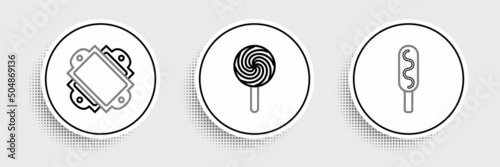 Set line Corn dog, Ticket and Lollipop icon. Vector