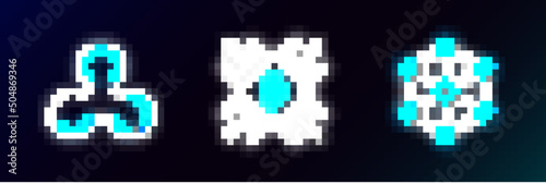 Set line Blockchain technology, Cryptocurrency coin Ripple XRP and CPU mining farm icon. Glowing neon. Vector