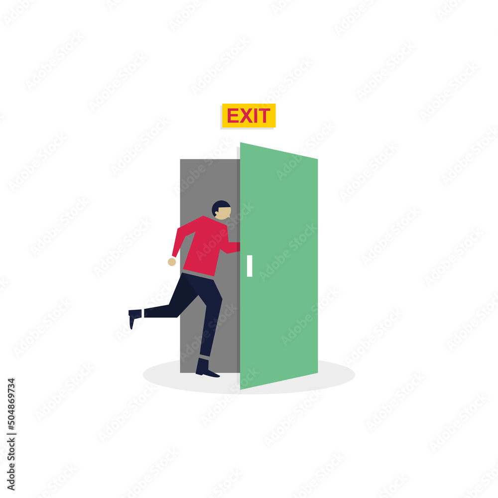 Office worker evacuation route from building flat color vector illustration. Exit line building occupants. People running towards the exit.