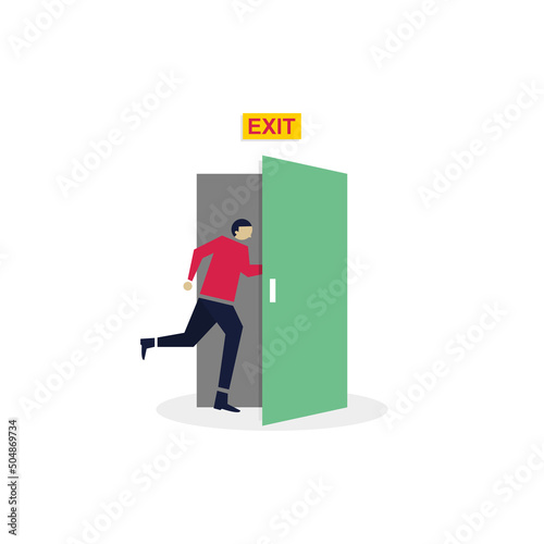 Office worker evacuation route from building flat color vector illustration. Exit line building occupants. People running towards the exit.