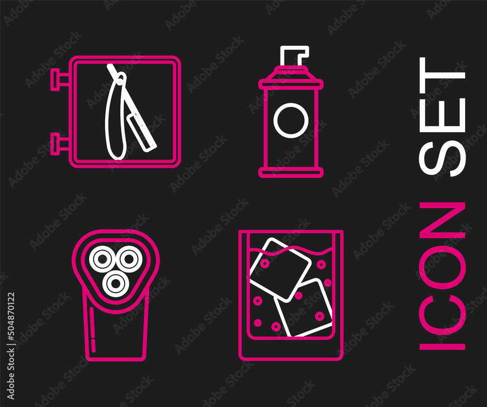 Set line Glass of whiskey and ice cubes, Electrical hair clipper or shaver, Shaving gel foam and Barbershop with razor icon. Vector Set line Glass of whiskey and ice cubes, Electrical hair clipper or shaver, Shaving gel foam and Barbershop with razor icon. Vector