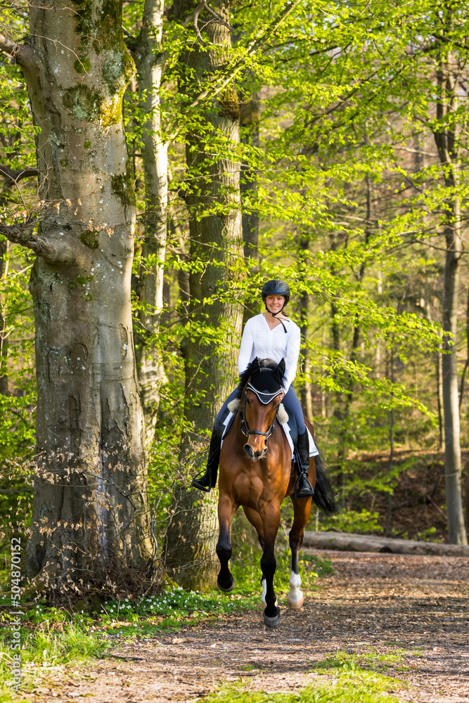Smiling woman riding horse in forest Smiling woman riding horse in forest