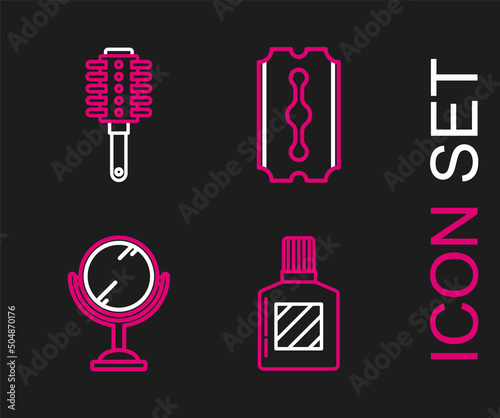 Set line Aftershave, Hand mirror, Blade razor and Hairbrush icon. Vector