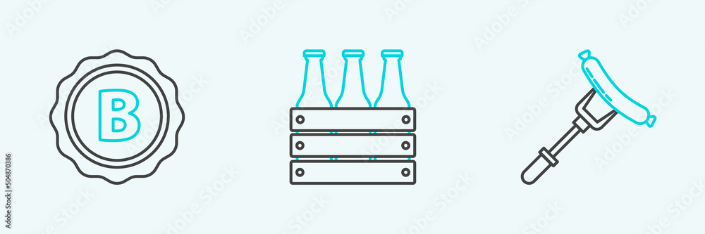 Set line Sausage on the fork, Bottle cap with inscription beer and Pack of bottles icon. Vector Set line Sausage on the fork, Bottle cap with inscription beer and Pack of bottles icon. Vector