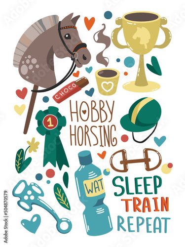 Hand drawing cozy Vector Set of Hobbyhorsing stuff. Horse on stick, cup, hobbyhorse lettering and other use for poster, card, flyers, stickers, rewards, invitation, competition, design photo