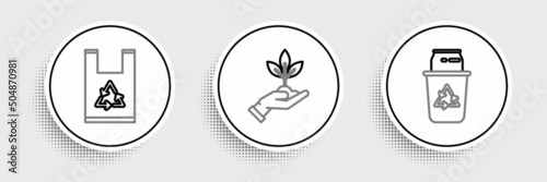 Set line Recycle bin with recycle symbol and can, Plastic bag and Plant hand of environmental protection icon. Vector