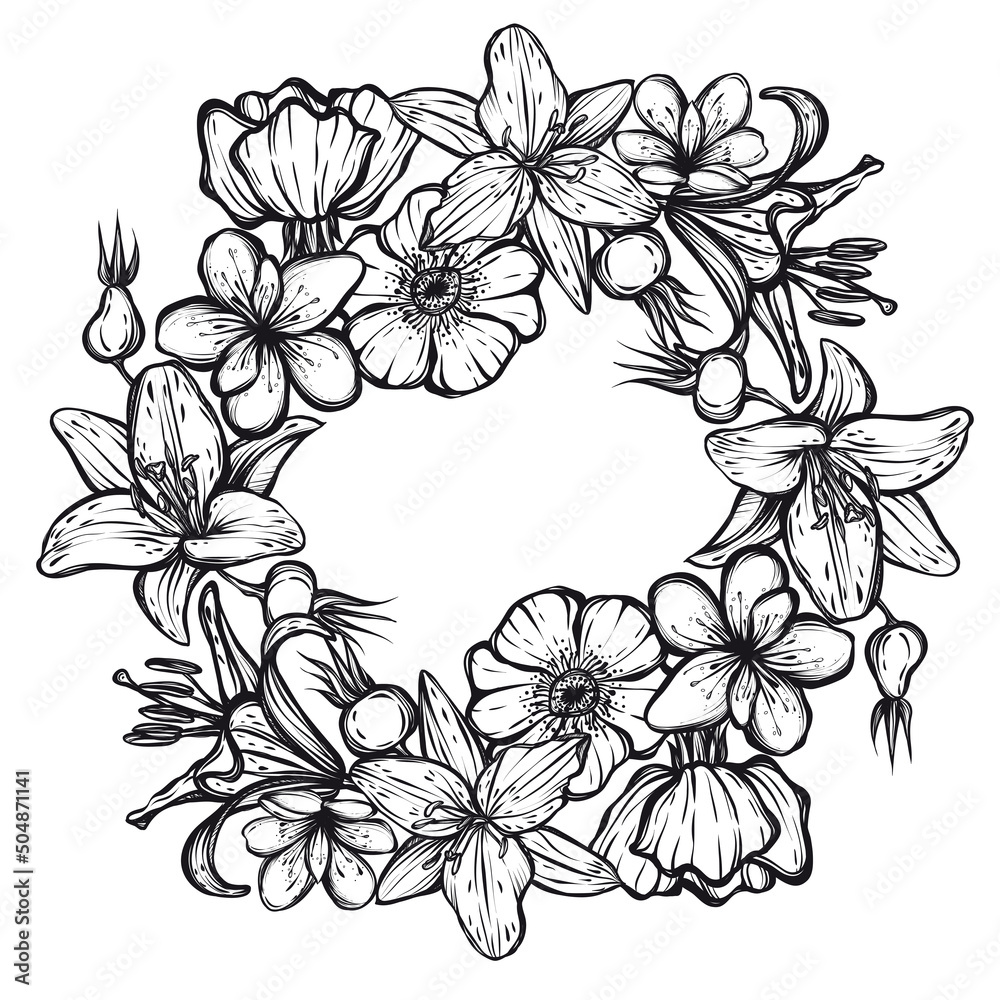 Botanical vector illustration with rosehip flowers, cherry flowers and lilies, print on t-shirt