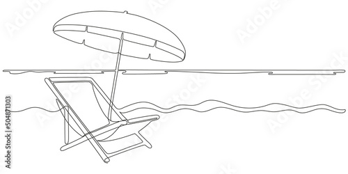 Beach umbrella and chair on beach sea, continuous one line drawing. Beach chaise longue and sunshade for summer holiday. Summertime relax on deck chair on coast of sea. Nature shore. Vector outline