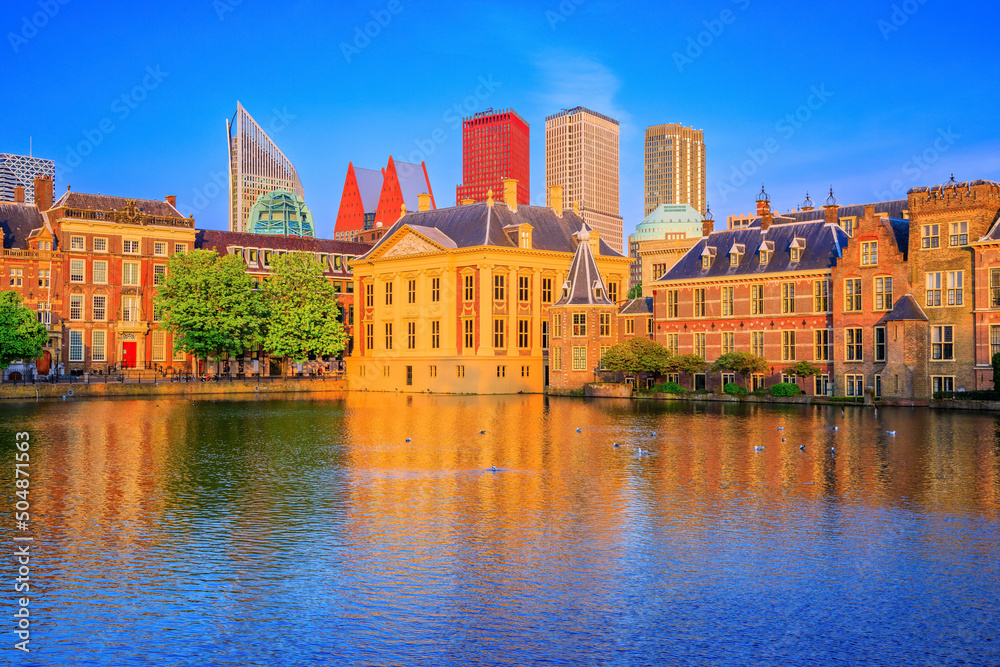 The Hague, Netherlands. Downtown Skyline and Parliament Buildings at sunset.