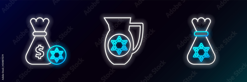 Set line Jewish money bag with star of david, and coin and Decanter icon. Glowing neon. Vector Set line Jewish money bag with star of david, and coin and Decanter icon. Glowing neon. Vector