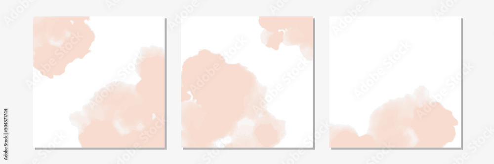 Set of pink watercolor or ink stains background. Abstract  paint shapes. Isolated texture on white. Modern minimalist art. Design for party invitation or poster.