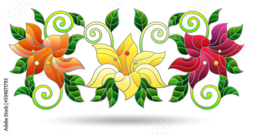 An illustration in the style of a stained glass window with lily flowers, a plant isolated on a white background