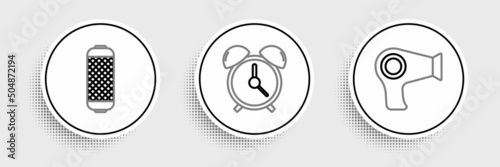 Set line Hair dryer, Stereo speaker and Alarm clock icon. Vector