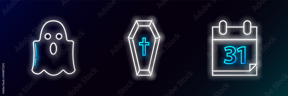 Set line Calendar with Halloween date 31 october, Ghost and Coffin christian cross icon. Glowing neon. Vector Set line Calendar with Halloween date 31 october, Ghost and Coffin christian cross icon. Glowing neon. Vector