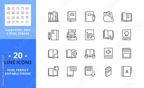 Line icons about book. Pixel perfect 64x64 and editable stroke